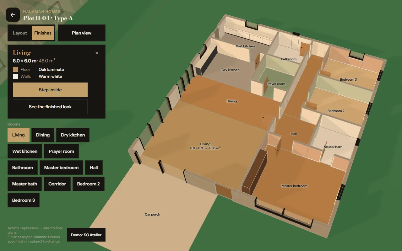 A house from the demo gallery cut away at wall height, seen from above with its finishes shown. The living room is selected and its card reads 8.0 by 6.0 metres, 48 square metres, oak laminate floor, warm white walls.
