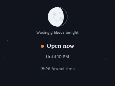 A cafe website showing the moon phase and the words Open now, until 10 PM