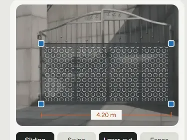A gate sketched over a photo of a driveway, with its width marked at 4.20 metres