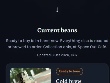 A roastery website saying what is ready to buy now, with a cold brew listed as ready