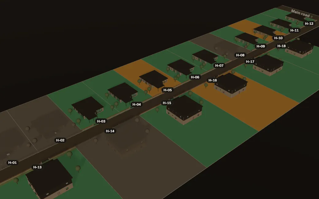 Halaman Homes estate in 3D, with each plot tinted by whether it is available, reserved or sold