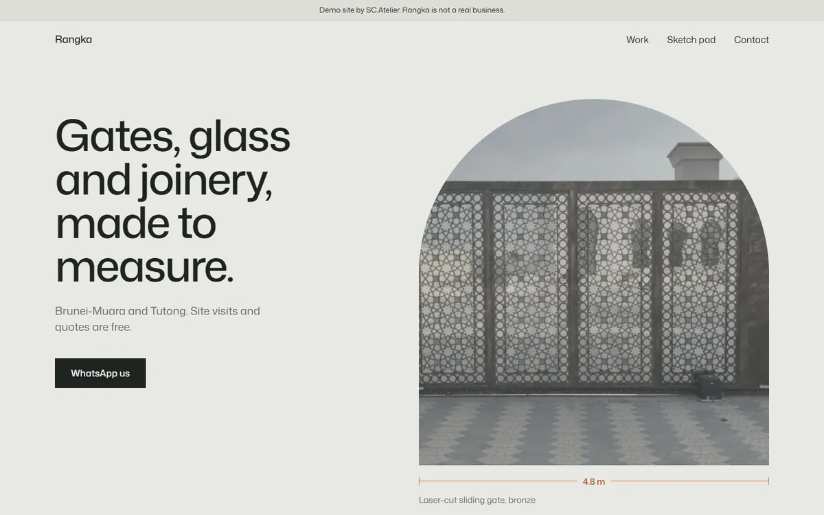 Rangka demo website: a laser-cut sliding gate in an arched frame, with a dimension line under it