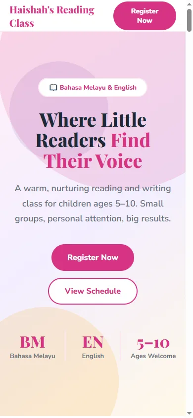 Haishah's Reading Class website on a phone