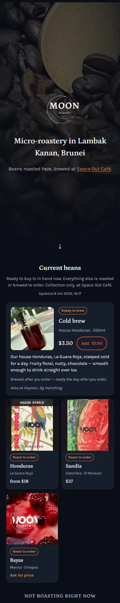 Moon Roastery website on a phone, hero and the current beans